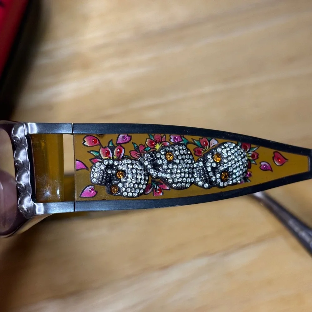 Ed Hardy Eyeglass Frames Women 52-16-140 Sky Amber Rhinestone Skull EH0712